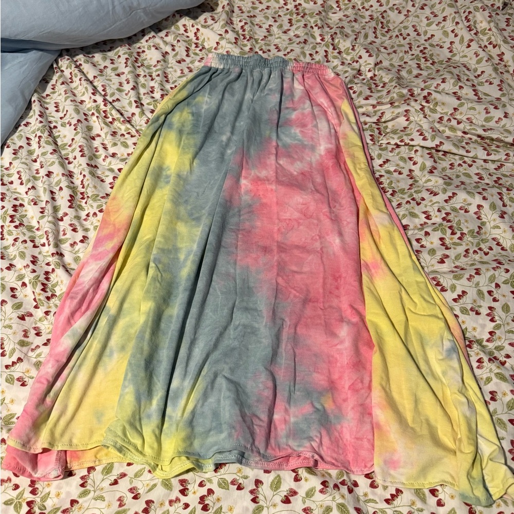 Yellow and Pink A-Line Maxi Skirt with Tie Front